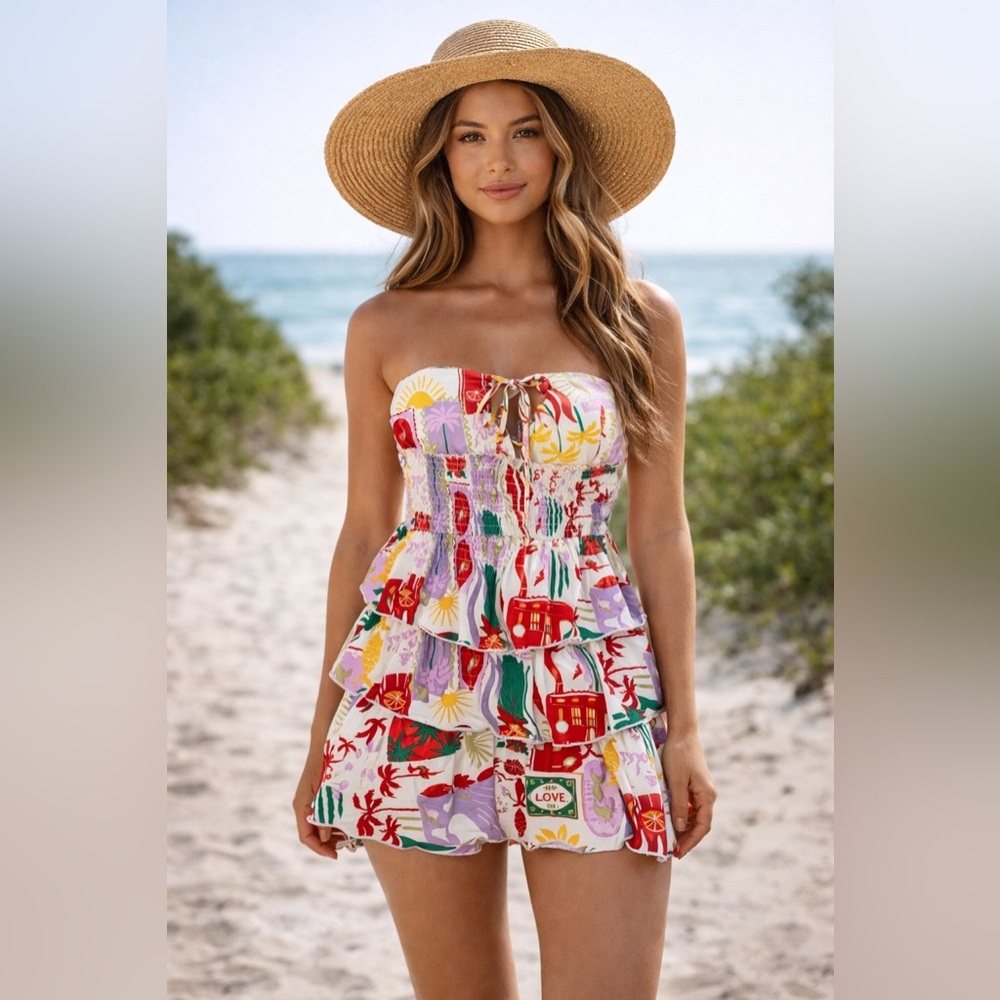 Stitch Fusion Tropical Postcard Print Strapless Smocked Tiered Mini Dress XL NEW